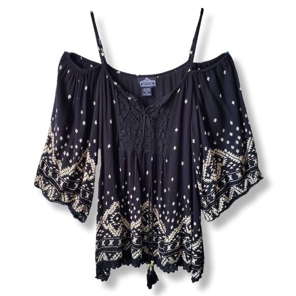 Angie Tops - Angie Black Ivory Boho Off Shoulder Top S Fairy Hippie Gypsy Whimsy Renfair